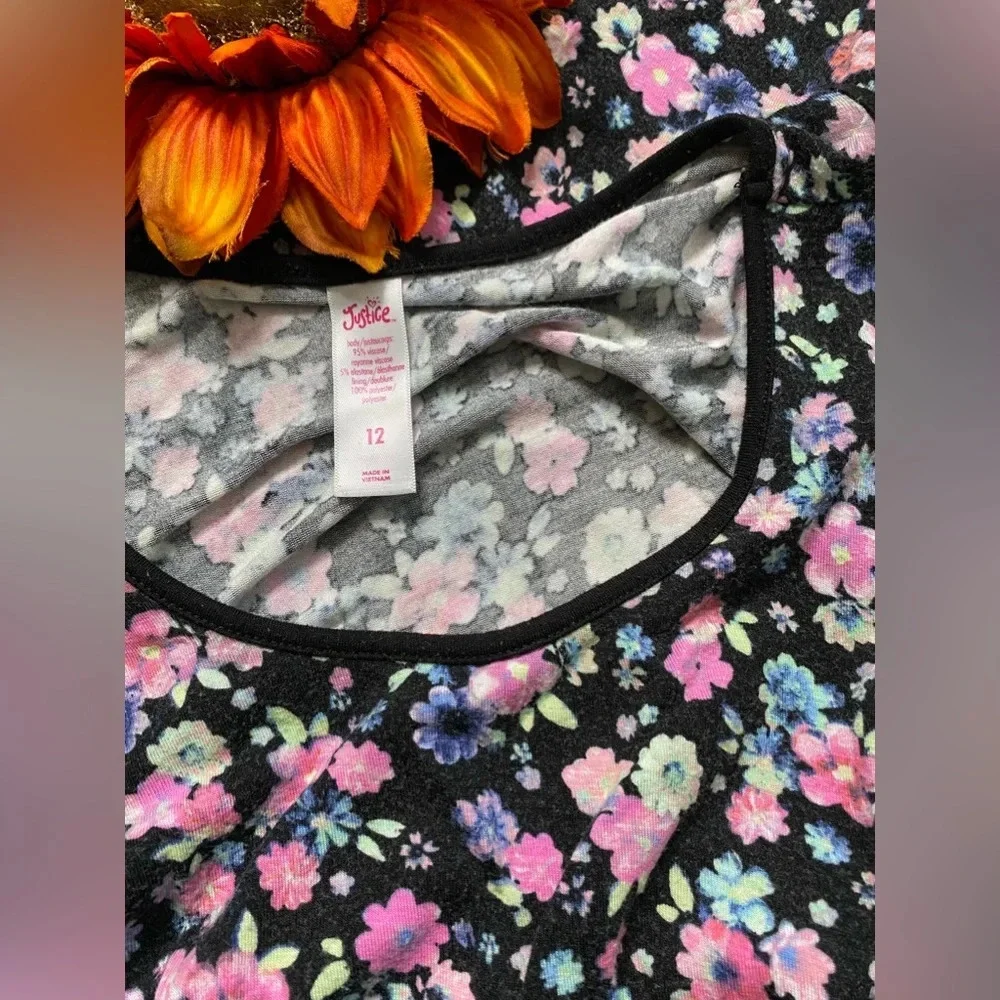 🌻5/$25🌻JUSTICE Black Flowered Dress with Back Tie | 12 |